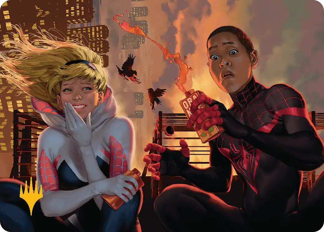Heroes' Hangout Art Card (Gold-Stamped Planeswalker Symbol) [Marvel's Spider-Man Art Series] | Magic Magpie
