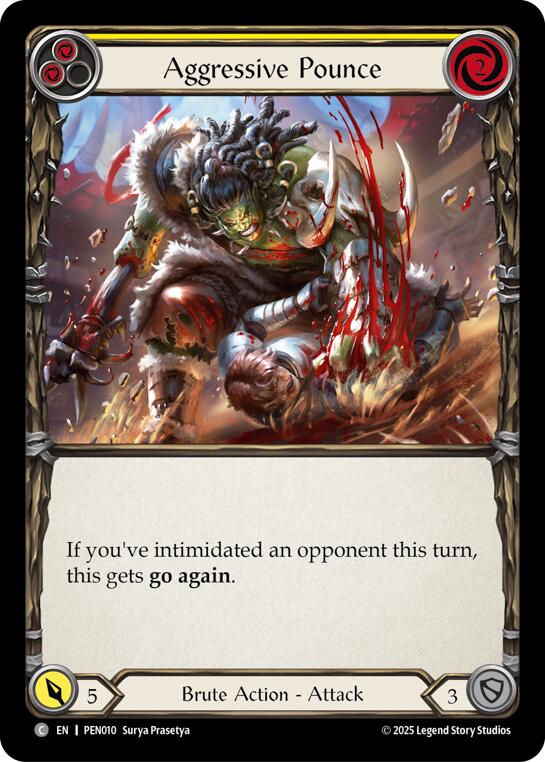 Aggressive Pounce (Yellow) (Rainbow Foil) [PEN010] (Compendium of Rathe)  Rainbow Foil | Magic Magpie