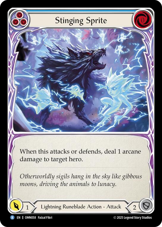Stinging Sprite (Blue) [OMN058] (Omens of the Third Age)  Rainbow Foil | Magic Magpie