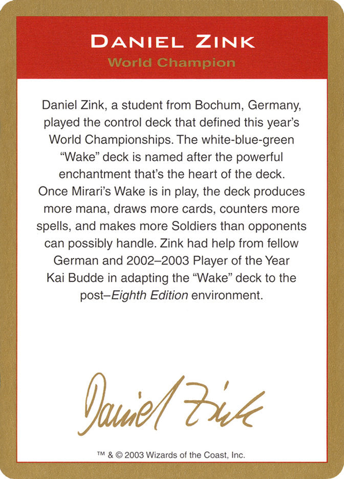 Daniel Zink Bio [World Championship Decks 2003] | Magic Magpie