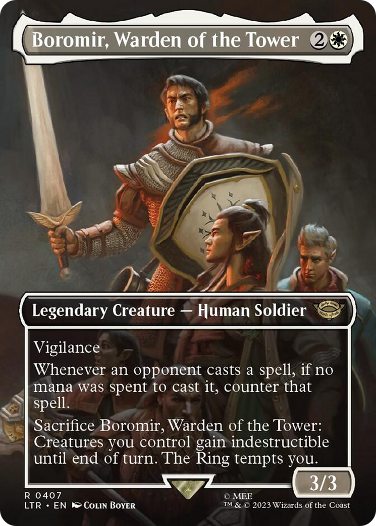 Boromir, Warden of the Tower (Borderless Alternate Art) [The Lord of the Rings: Tales of Middle-Earth] | Magic Magpie