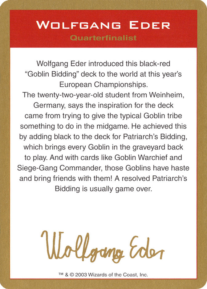 Wolfgang Eder Bio [World Championship Decks 2003] | Magic Magpie