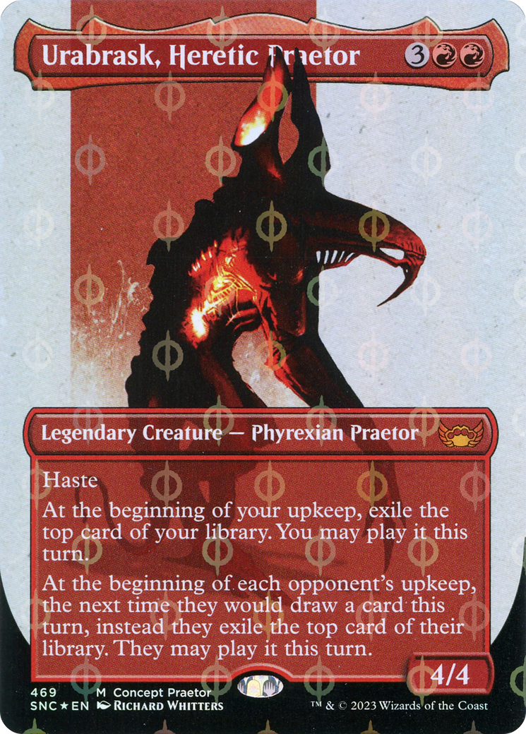 Urabrask, Heretic Praetor (Borderless Concept Praetors Step-and-Compleat Foil) [Phyrexia: All Will Be One] | Magic Magpie