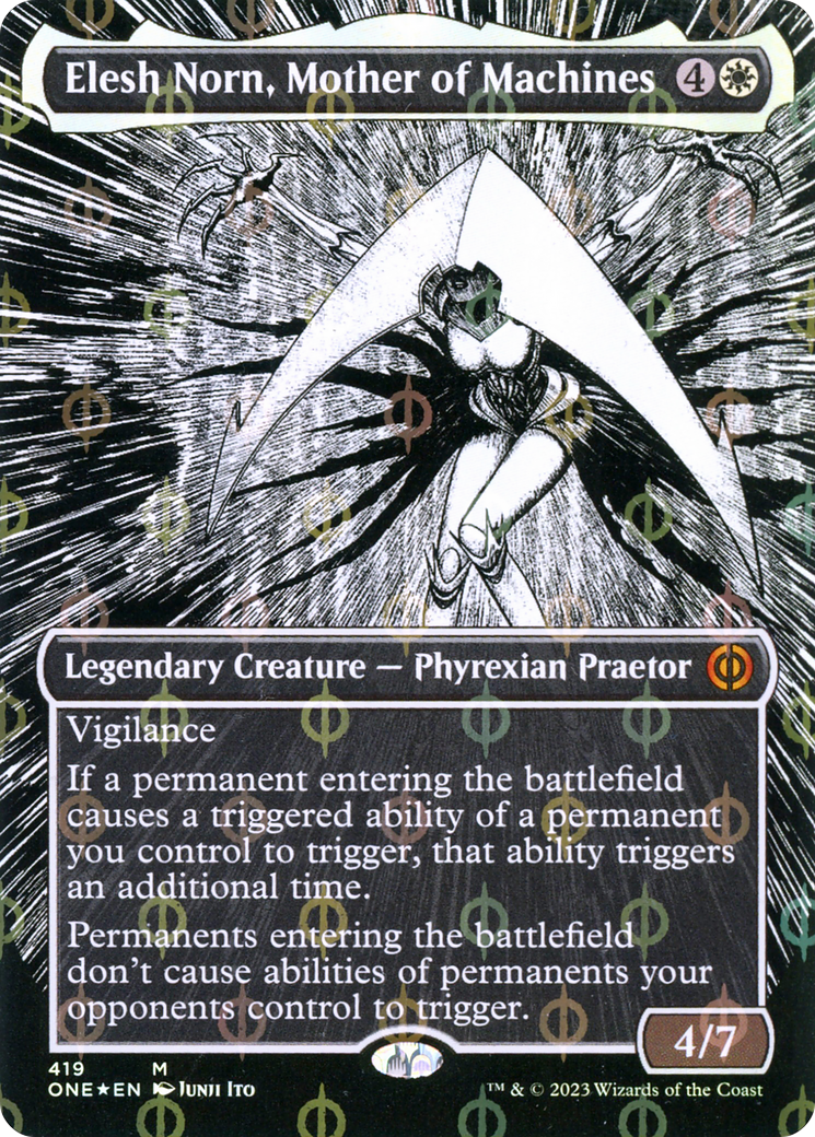 Elesh Norn, Mother of Machines (Borderless Manga Step-and-Compleat Foil) [Phyrexia: All Will Be One] | Magic Magpie