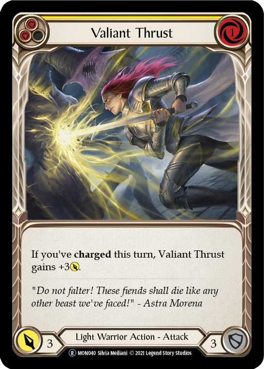 Valiant Thrust (Yellow) (Rainbow Foil) [U-MON040-RF] Unlimited Rainbow Foil | Magic Magpie