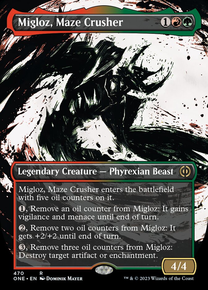 Migloz, Maze Crusher (Borderless Ichor Step-and-Compleat Foil) [Phyrexia: All Will Be One] | Magic Magpie
